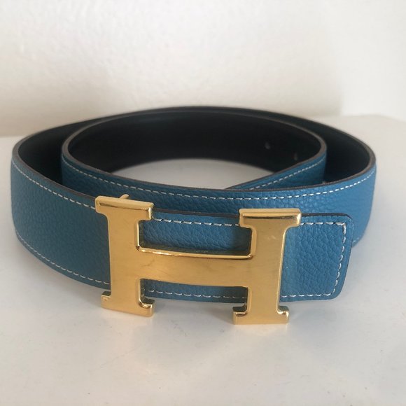 Hermes Constance Women's REVERSIBLE Leather belt Blue/Bleu and Black/Noir - Picture 1 of 15